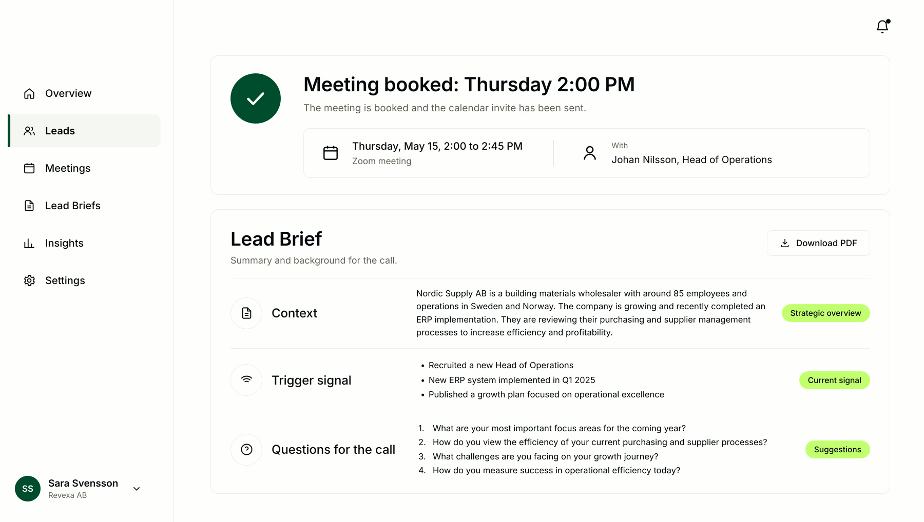 Meeting booked with a Lead Brief: context, trigger and questions (illustration)