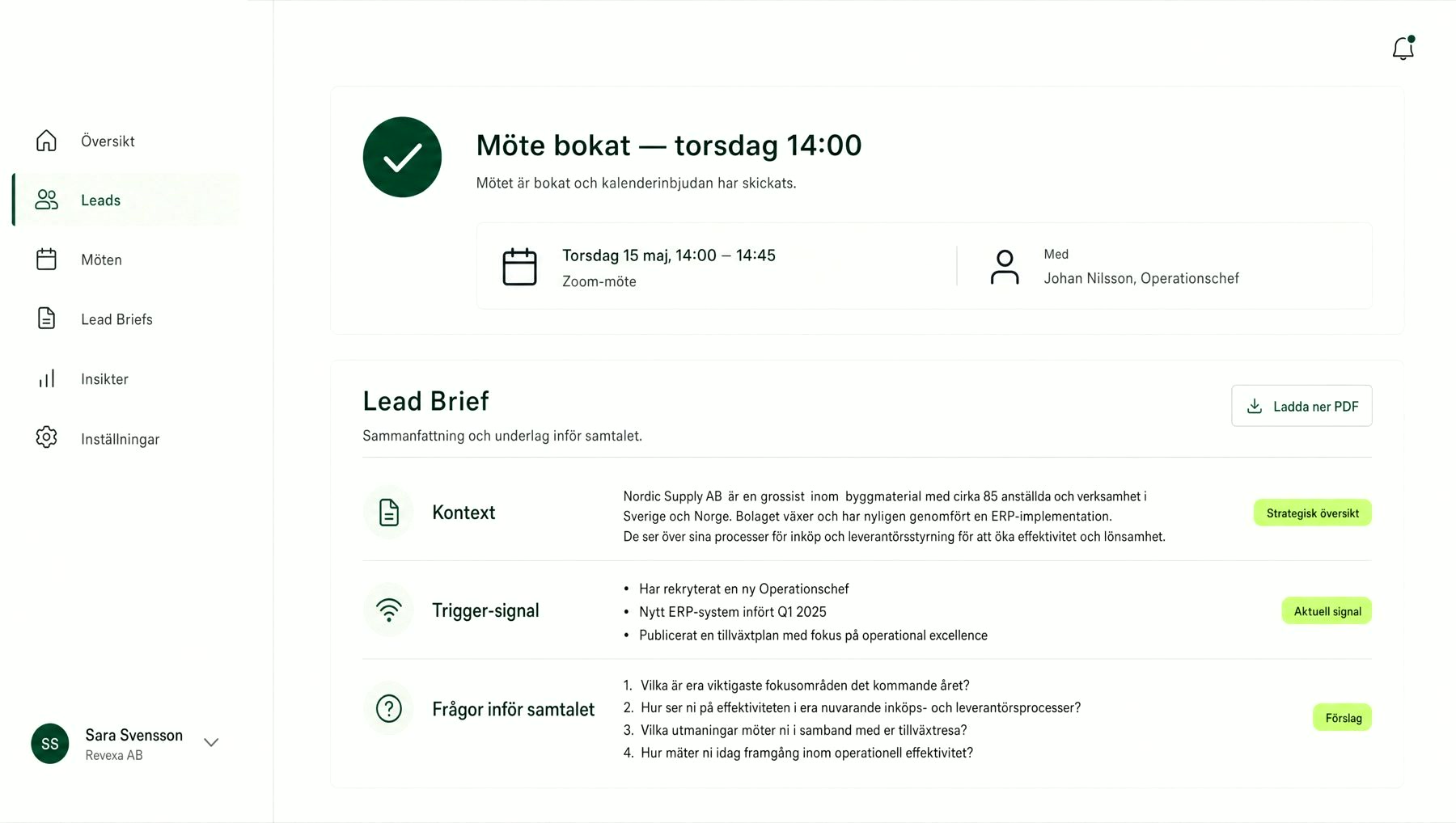 Möte bokat med Lead Brief: kontext, trigger och frågor (illustration)